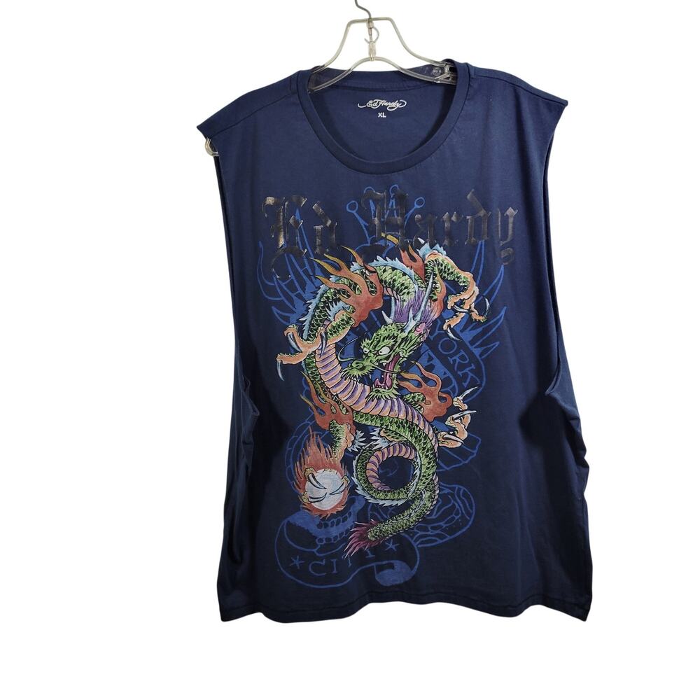 Ed Hady Dragon Navy Tank Featuring Y2K Tattoo-Style Dragon Graphic Size XL 82926